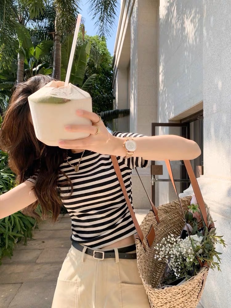 SET CHÂN VÁY MIDI DÀI SUÔNG TRƠN LƯNG CAO + ÁO THUN CROPTOP KẺ SỌC DẠO PHỐ ĐI LÀM ĐI HỌC ĐI BIỂN ĐI CHƠI