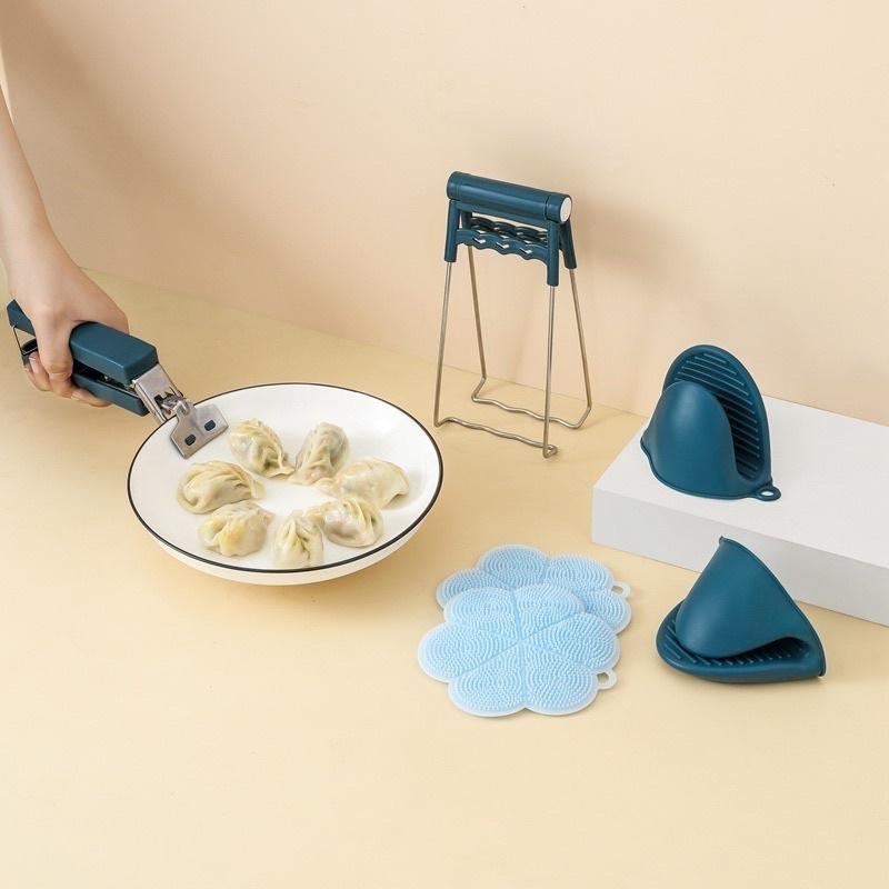 Set 6 dụng cụ gắp đồ nóng chống bỏng, kẹp chén dĩa, găng tay, miếng rửa bát - Bộ dụng cụ gắp bát dĩa chống nóng 6 món