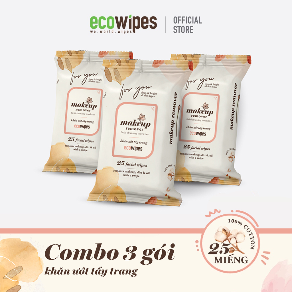 Combo 3 gói khăn ướt tẩy trang Makeup Remover Ecowipes gói 25 tờ làm sạch nhanh lớp trang điểm