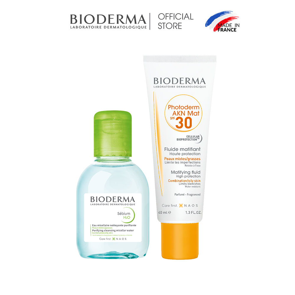 Bộ đôi kem chống nắng dành cho da dầu, da mụn Bioderma Photoderm AKN Mat SPF30 40ml và tẩy trang Sebium H2O 100ml