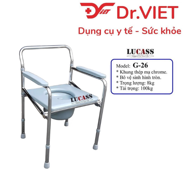 Ghế bô vệ sinh LUCASS G-26 mặt nhựa tròn, không bánh xe [Chính hãng] - Tiện lợi cho người bệnh, người già và mẹ bầu, thiết kế nhẹ, khung thép bạc Crom chắc chắn, độ rộng vừa vặn, thoải mái, dẽ vệ sinh