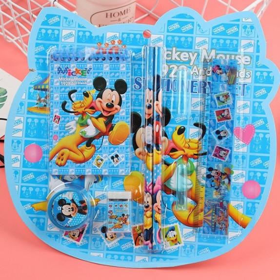 Combo 100 Bộ Bút chì, thước kẻ, gọt bút, tẩy chì,sổ ghi chú xinh xắn hình dáng người nhện doremon mickey elsa c