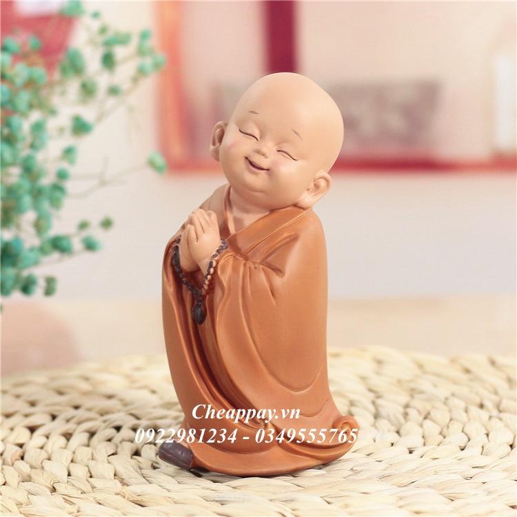Size Đại - Bộ 3 Tượng Chú Tiểu Vui Vẻ Áo Nâu - Mẫu Chú Tiểu Đeo Chuỗi