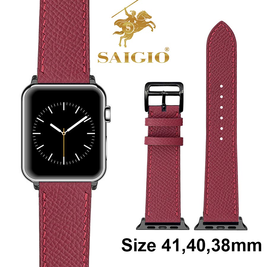 Dây Đồng Hồ Apple Watch 41mm 40mm 38mm, Chất Liệu Da Bê EPSOM Thảo Mộc Cao Cấp, Nhập Khẩu Từ Châu Âu, Dây Đeo Phong Cách Hiện Đại và Sang Trọng, Tương Thích Các Phiên Bản Series 8/7/6/5/4/3/2/1/SE/SE2 - Đỏ Burgundy - ADAPTER ĐEN