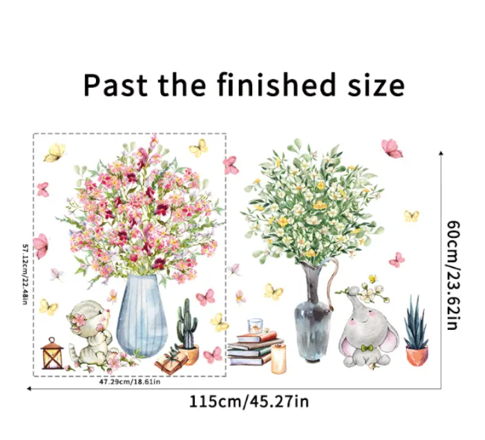 Decal trang trí tường - Chú voi và chú mèo cùng 2 bình hoa xinh