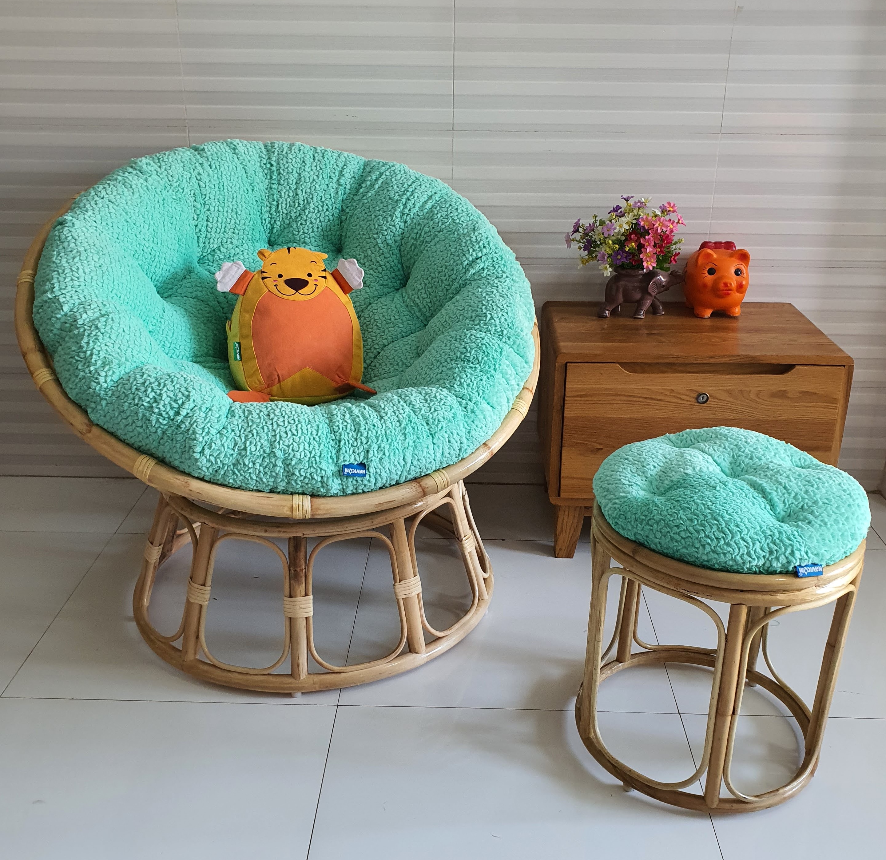 Bộ ghế thư giãn papasan + đôn nhỏ ( Vải nhung cao cấp xanh ngọc)