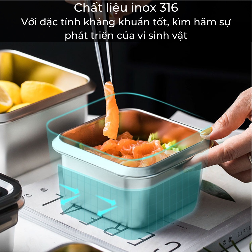 Hộp Đựng Thực Phẩm Tủ Lạnh Chất Liệu Inox 316 Kháng Khuẩn, Có Nắp Và Gioăng Cao Su Kín Khí Chống Mùi Dung Tích 2.8L