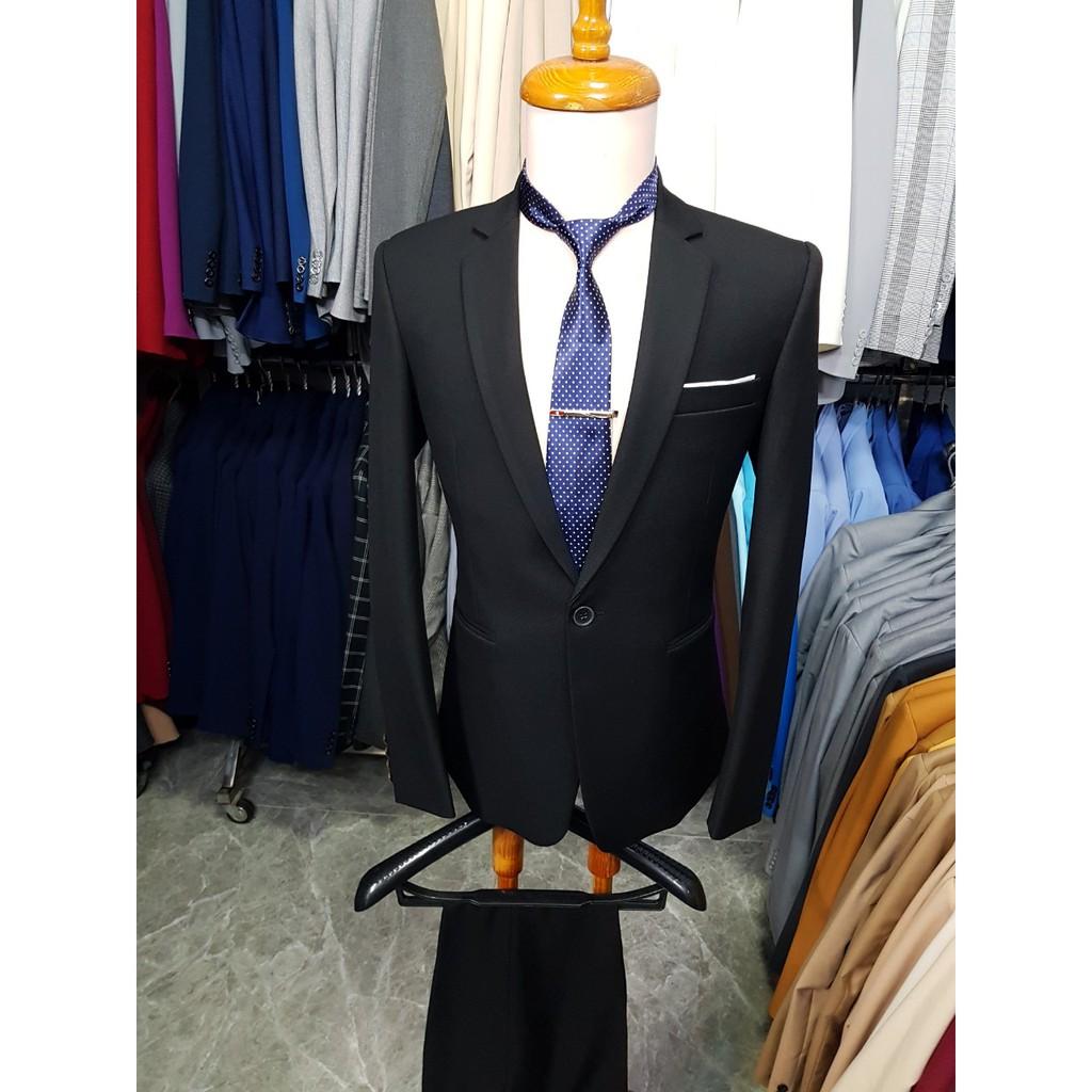 Bộ vest nam màu đen chất liệu vải nhập cao cấp dày mịn co giãn form ôm body + cà vạt kẹp nơ