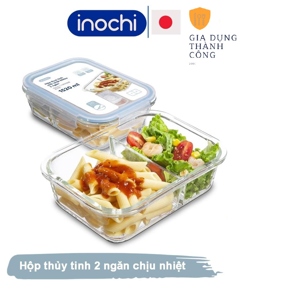 Thố thủy tinh Hộp đựng thực phẩm 2 ngăn nikko inochi hộp cơm thủy tinh chia ngăn cao cấp bảo quản đồ ăn thực phẩm