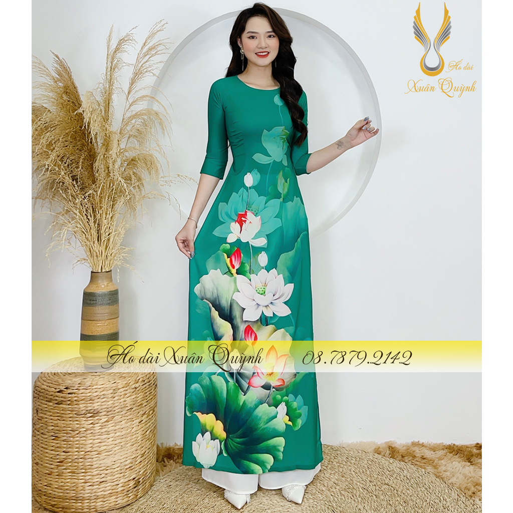 Áo Dài Xanh Ngọc Lục Bảo Sen Trắng, Duyên Dáng, Thanh Lịch Lụa Habutai Cao Cấp K100