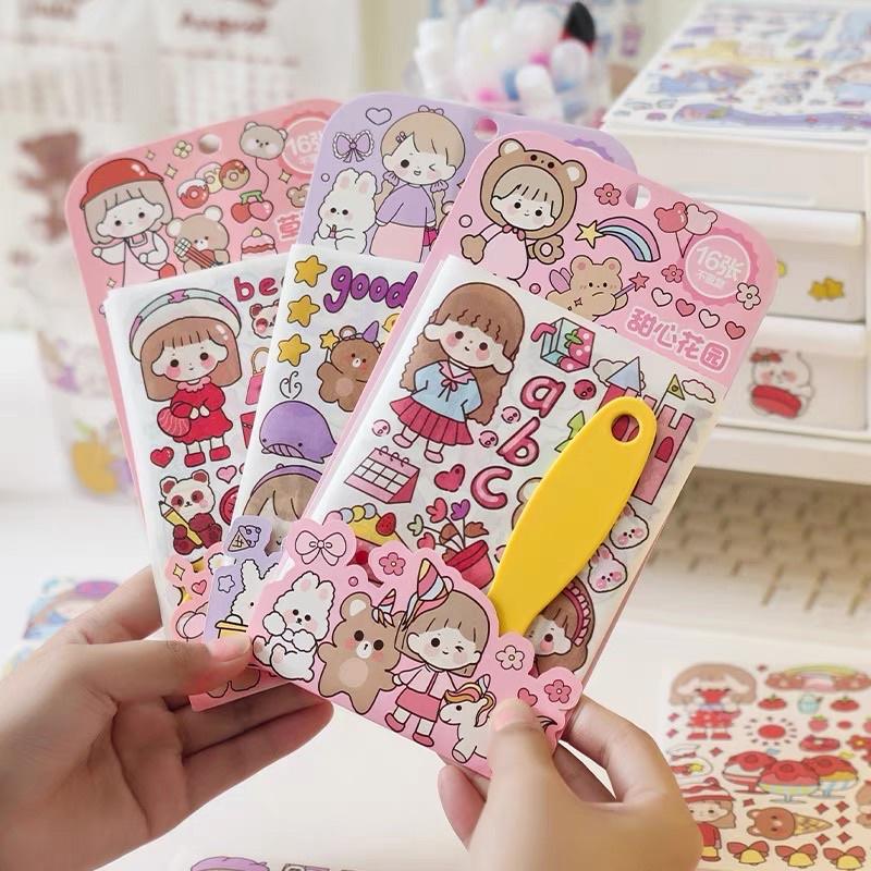 Set sticker 16 tấm cô gái kèm dụng cụ sẻn cán mịn