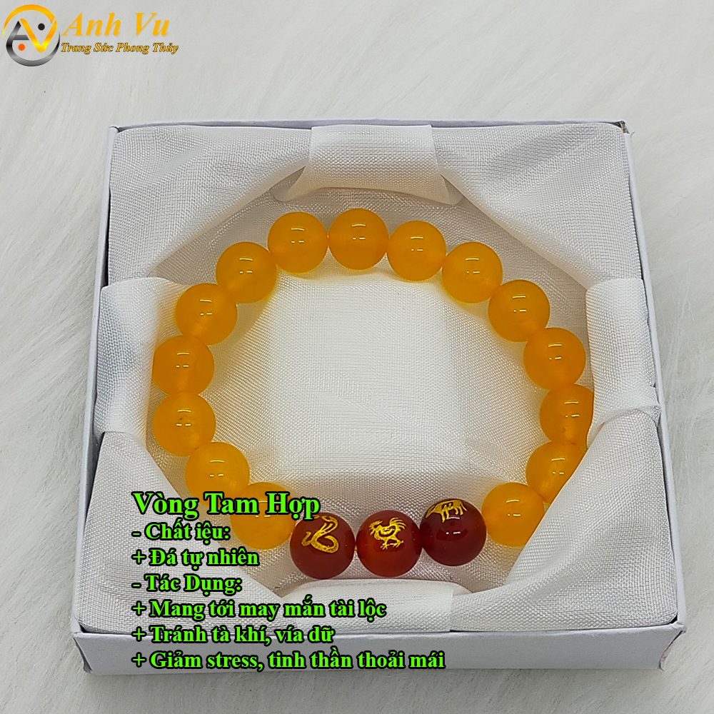 Vòng đá mã não vàng tự nhiên - Vòng tay tam hợp tỵ dậu sửu cho nữ mệnh kim - May mắn tài lộc