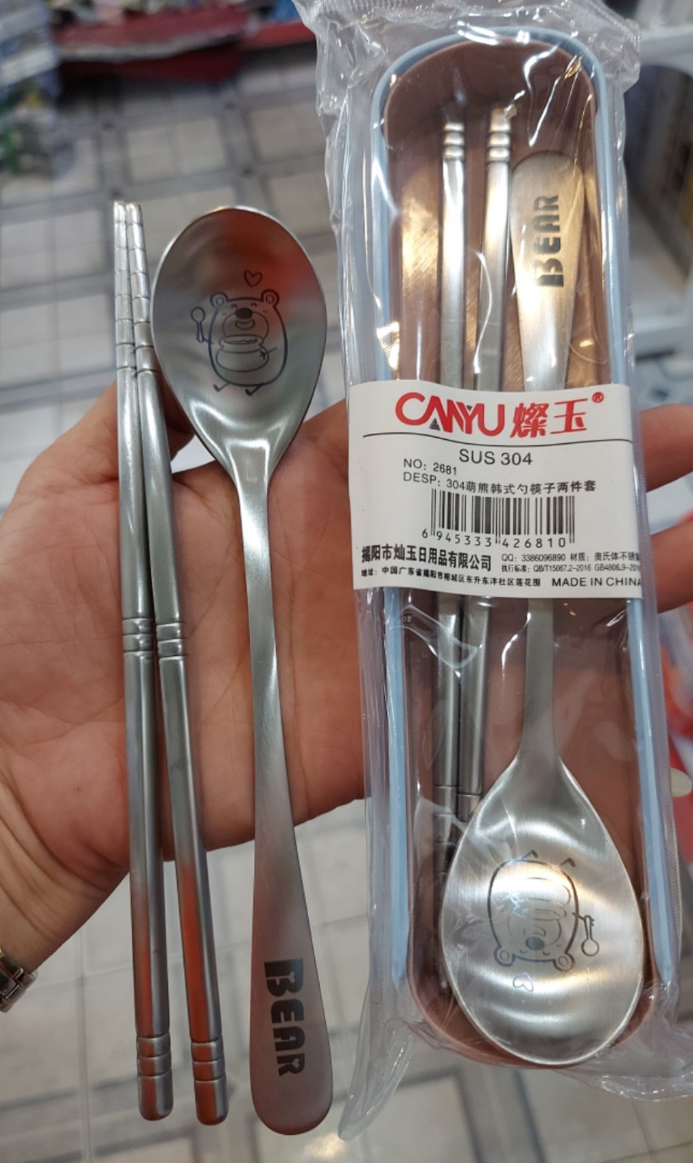 Bộ thìa đũa inox 304 cao cấp Kèm Hộp Nhựa Sinh Học siêu dễ thương tiện lợi gấu BEAR