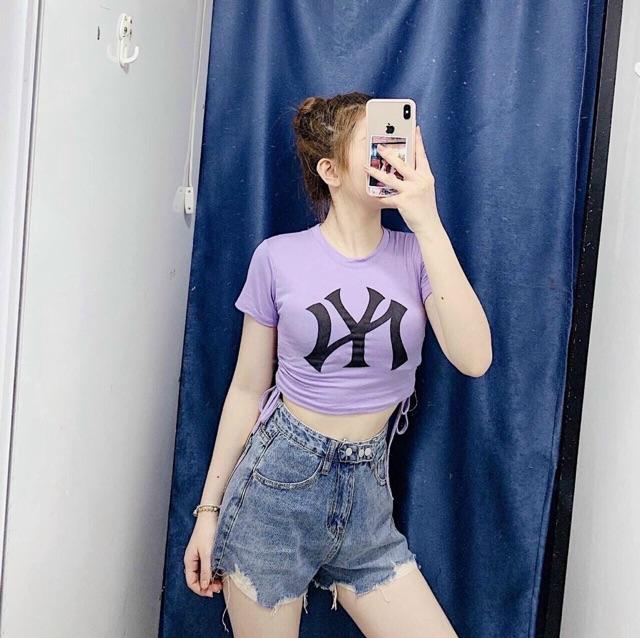Áo thun rút dây croptop in chữ vải thun lụa