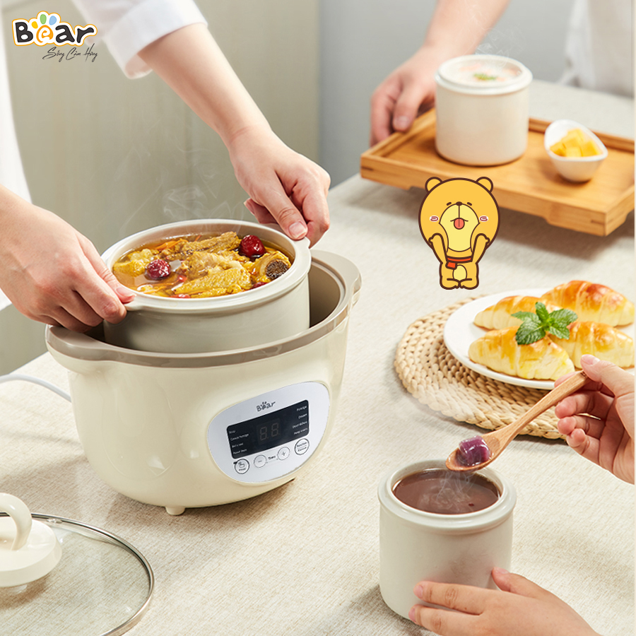 Nồi nấu chậm Bear SUBE002 1,6L màu nâu với 7 chức năng cho các hoạt động: Nấu, hấp, hầm cách thủy, giữ 100% giá trị dinh dưỡng, ... có ruột nồi bằng sứ cao cấp