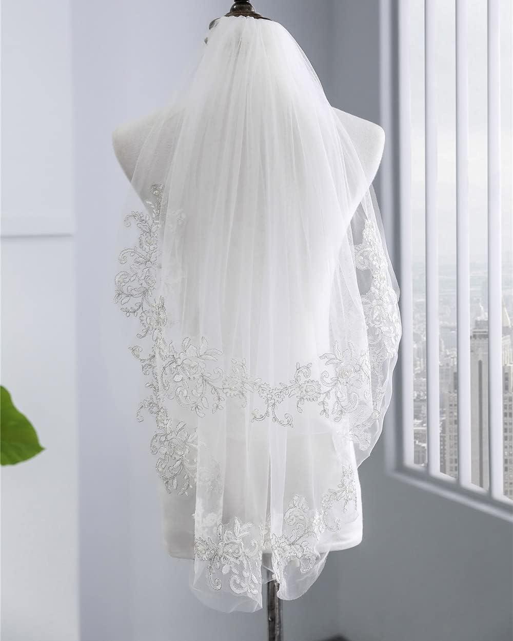2 Lớp Mạng Che Mặt Cô Dâu Dây Bạc Viền Ren Và Hạt Chiều Dài Khuỷu Tay Phụ Kiện Tóc Cho Nữ Cô Gái Trắng Một Kích Thước