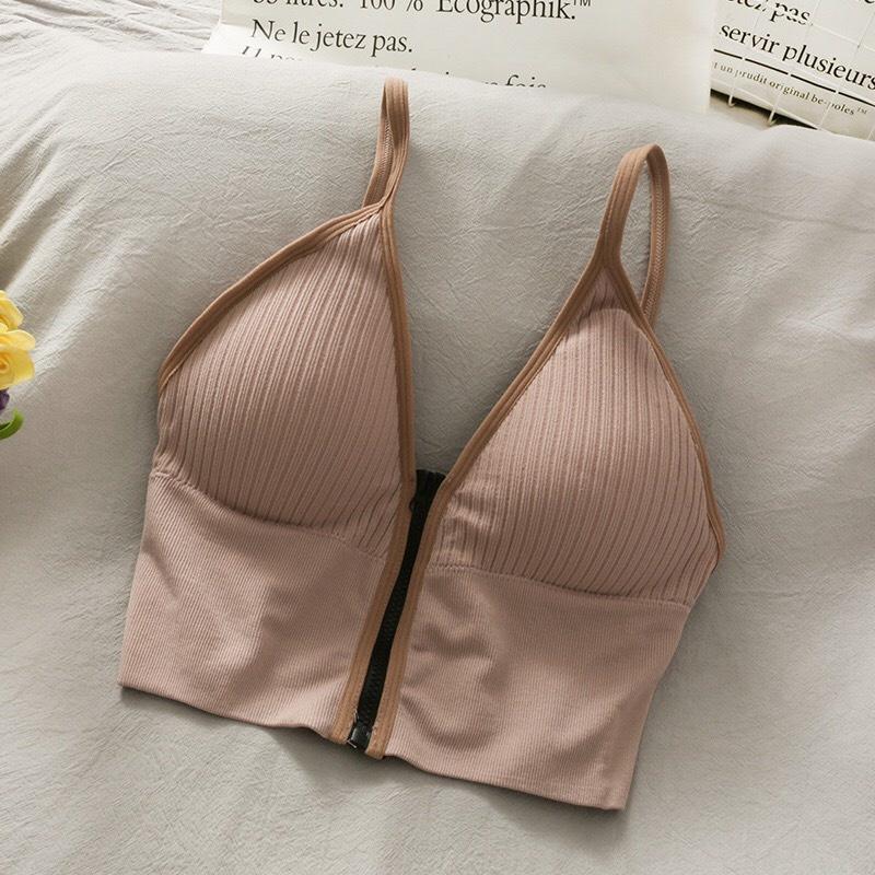 Áo Tập Bra Hai Dây Nữ Kéo Khóa Trước CopTop Dáng Ôm Dệt Kim Len Tăm Có Mút Ngực PINKBOUTIQUE
