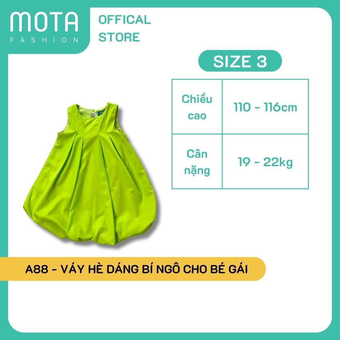 [A88XB - Mota Fashion] Váy hè dáng bí ngô xanh bơ cho bé gái đủ size từ 15-32kg Mota Fashion