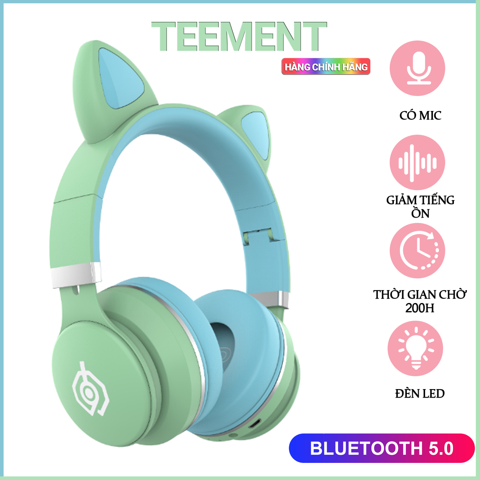 Tai Nghe Bluetooth Tai Mèo Cao Cấp Phát Sáng Teement, Tai Nghe Không Dây, Tai Nghe Chụp Tai, Có Đèn Led Nghe Nhạc Chơi Game Đàm Thoại Dùng Được Cho Điện Thoại, Laptop, Máy Tính Tai Nghe Mèo Có Mic Hỗ Trợ Điều Chỉnh Âm Lượng - Hàng Chính Hãng