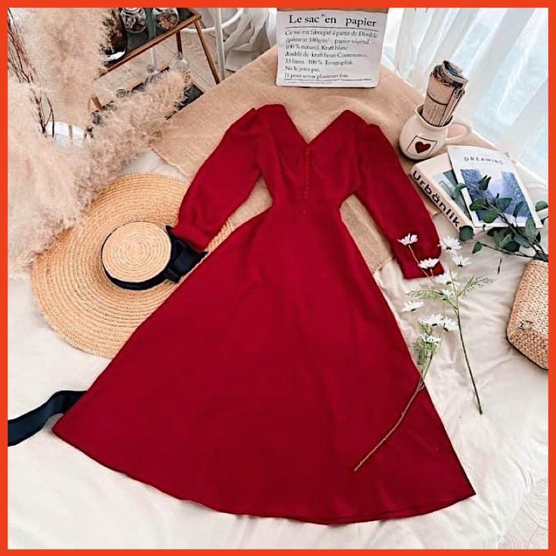 Đầm Dài Đỏ Có Nút Cổ Vest
