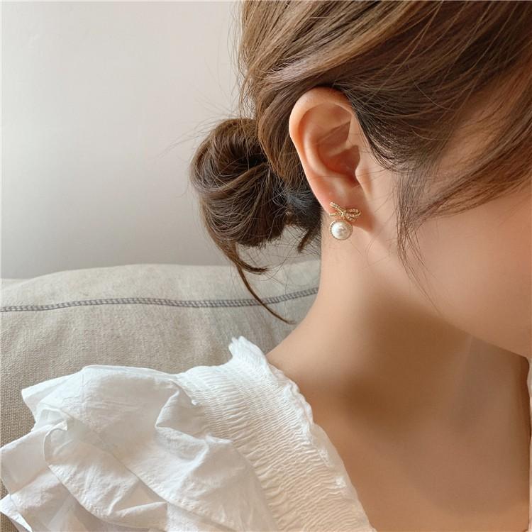 Khuyên Tai Nữ Họa Tiết Nơ Tròn Đính Đá, Phong Cách Hàn Quốc, BT07