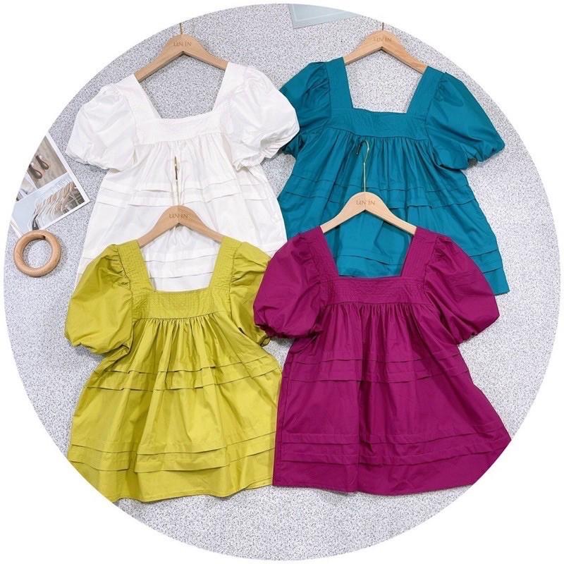 ÁO PEPLUM CỔ VUÔNG XẾP LY NGANG NGỰC TAY NGẮN PHỒNG BO CHUN CHẤT THÔ MÁT