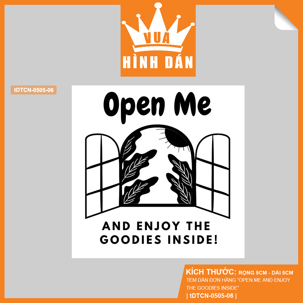 Set 50/100 sticker OPEN ME AND ENJOY THE GOODIES INSIDE 5x5cm nhãn dán hộp quà, túi sản phẩm