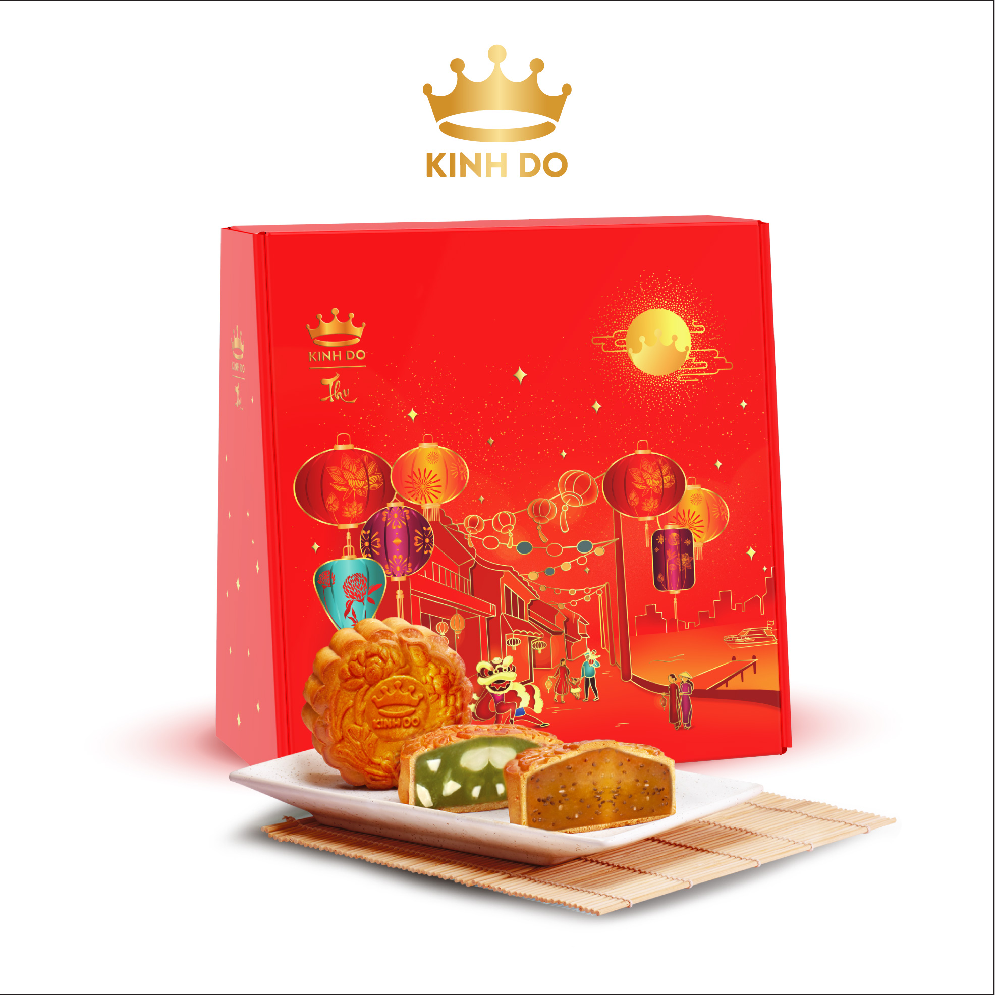 Tặng lồng đèn giấy - Hộp 4 bánh trung thu Kinh Đô giảm đường tinh luyện &quot;Sống Xanh&quot; (3 bánh ăn kiêng x 150g + 1 bánh 1 trứng x 150g)