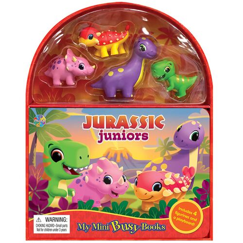 Jurassic Juniors Mini Busy Books For Kids, Children To Play - Includes 4 Figurines With Foldable Play Board And Storybook, Portable And Travel Ready