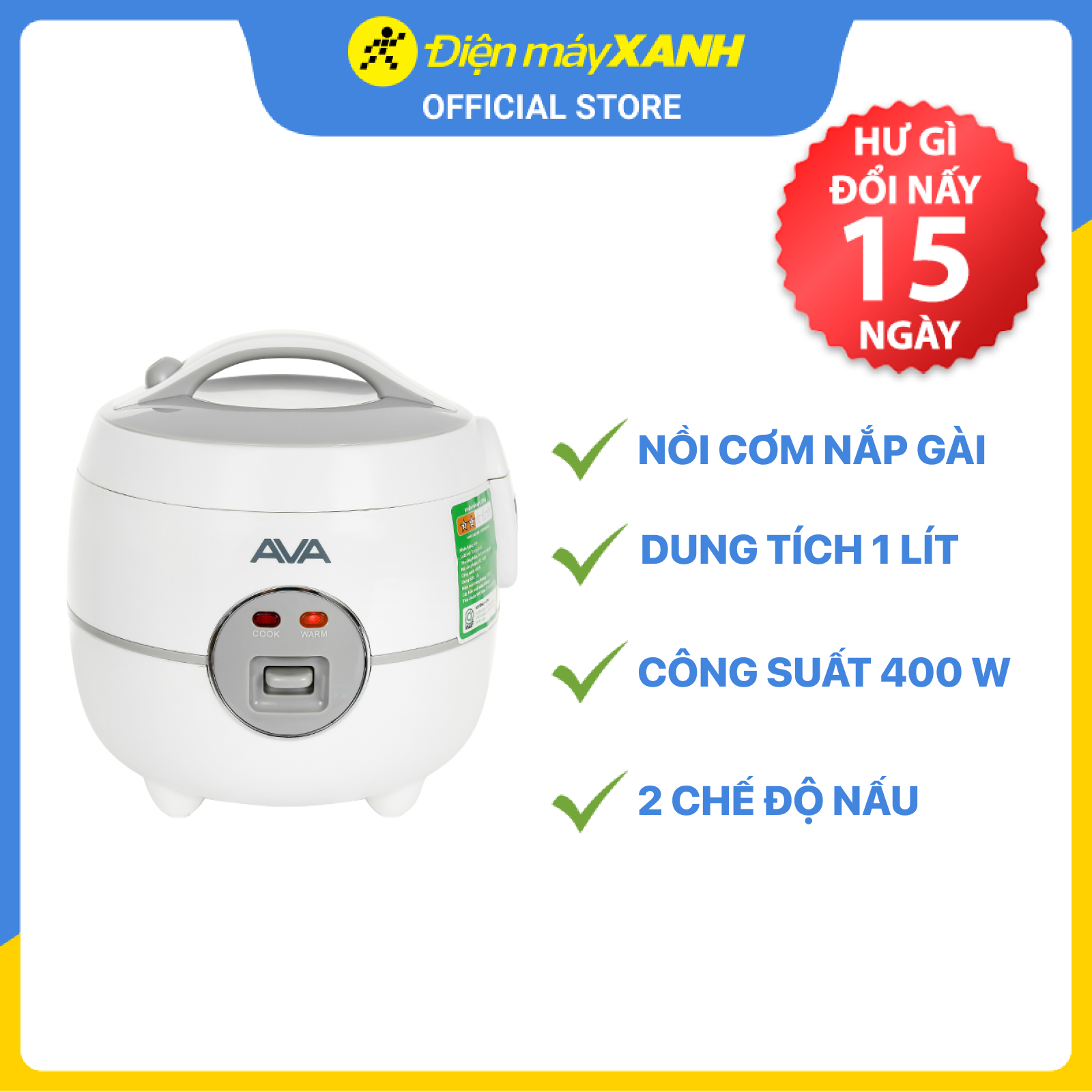 Nồi cơm điện nắp gài Ava 1 lít JRC-100P - Hàng chính hãng