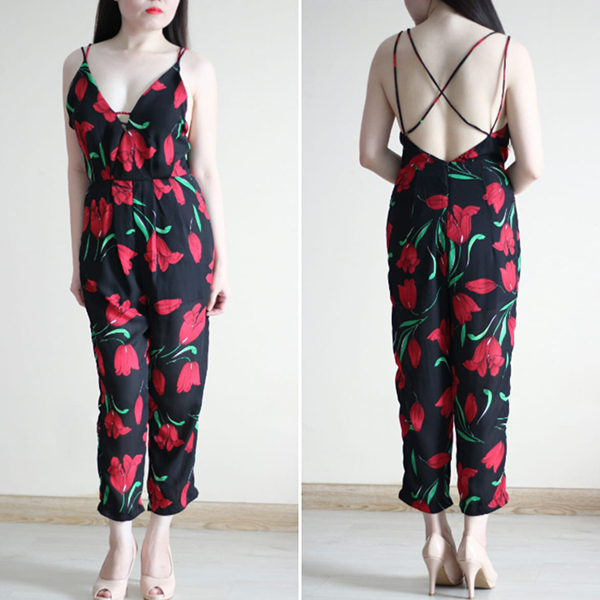 Jumsuit dài hở lưng họa tiết hoa Tulip