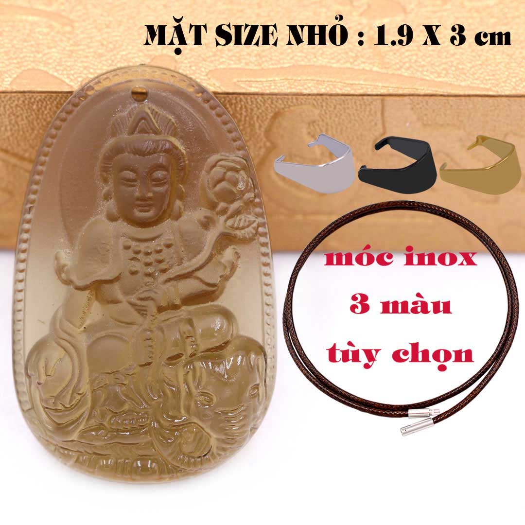 Mặt Phật Phổ hiền đá obsidian  1.9cm x 3cm  kèm vòng cổ dây cao su nâu + móc inox vàng, Phật bản mệnh, mặt dây chuyền