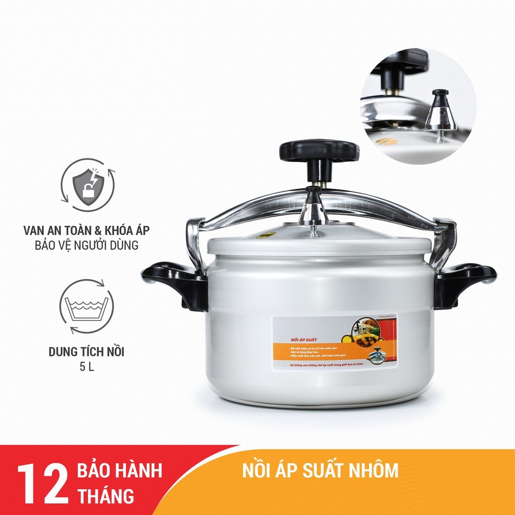 Nồi áp suất nhôm 5L khóa van an toàn bề mặt điện hóa mềm bóng đẹp