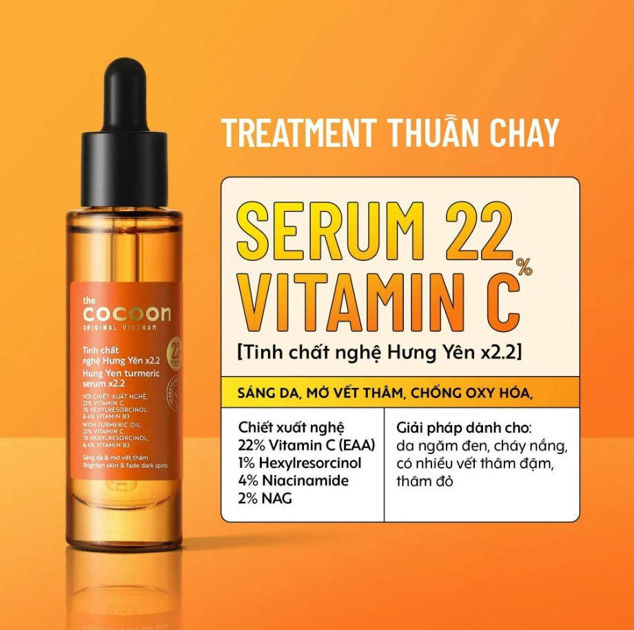 Tinh chất nghệ Hưng Yên C22 (serum) với 22% vitamin C chuyên sâu &amp; mờ vết thâm Thuần chay 30ml