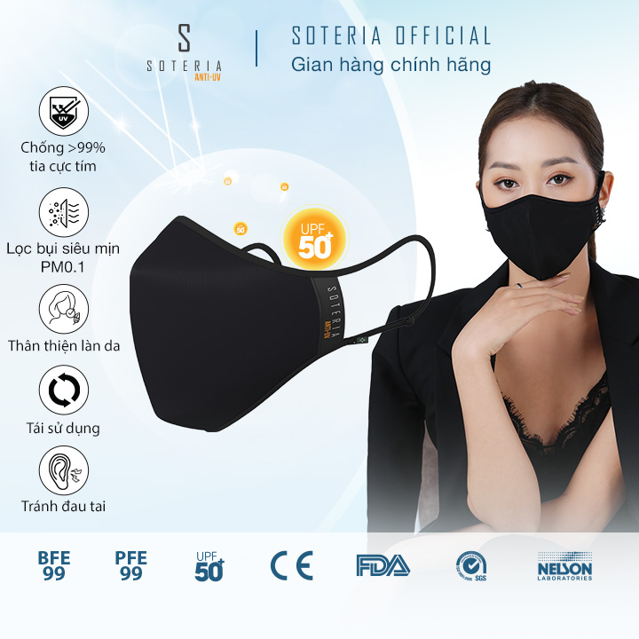 Khẩu trang chống nắng Anti UV Soteria đạt chuẩn UPF 50+, chống khuẩn chống bụi siêu mịn 0.1 micro - Size S,M,L