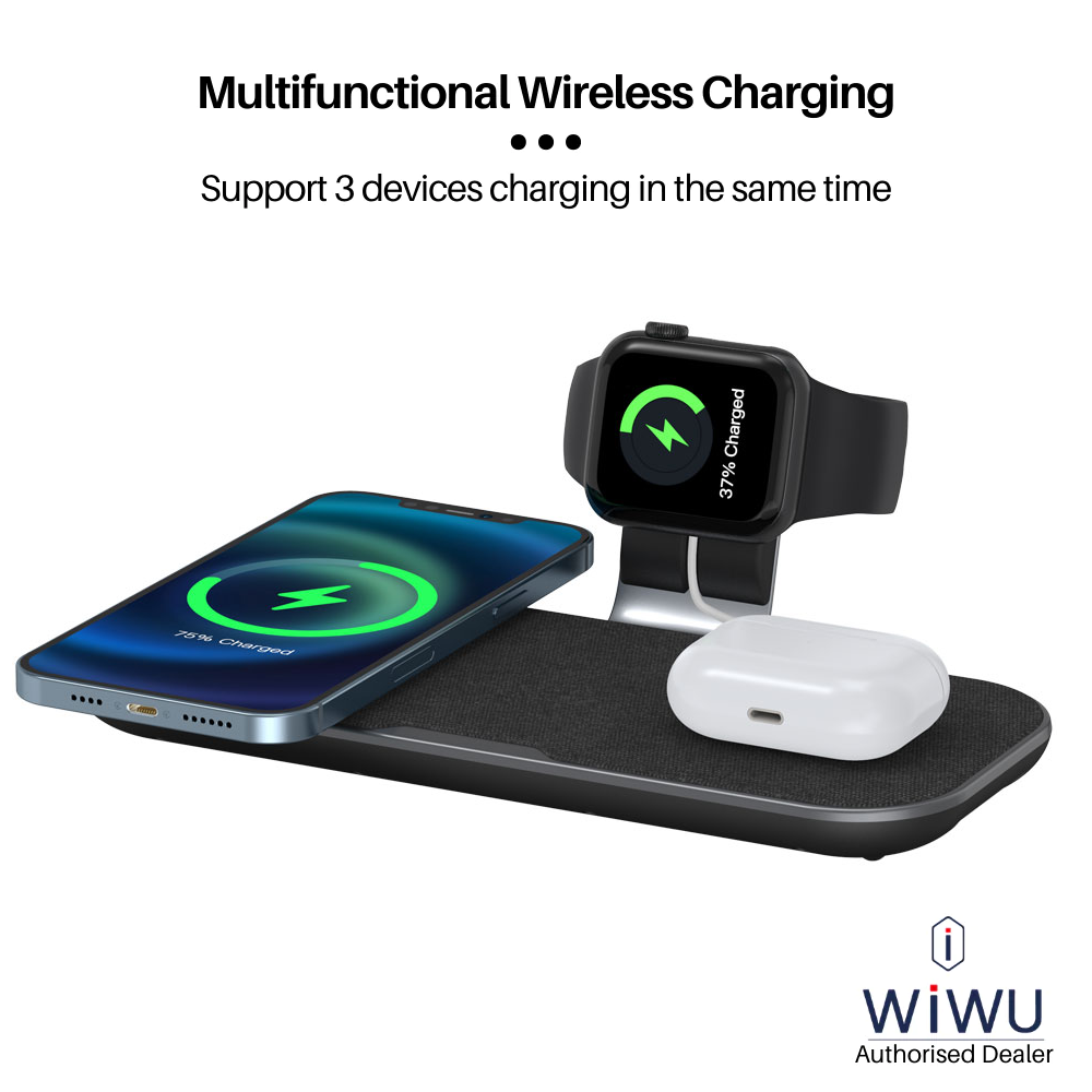 Giá đỡ từ tính kiếm đế sạc không dây Qi sạc nhanh 15W 3 in 1 hỗ trợ sạc dành cho Tai nghe / Appe Watch / iPhone hiệu WIWU Power Air Wireless Charger PA3IN1B (Smartchip, gấp gọn khi không sử dụng) - hàng nhập khẩu