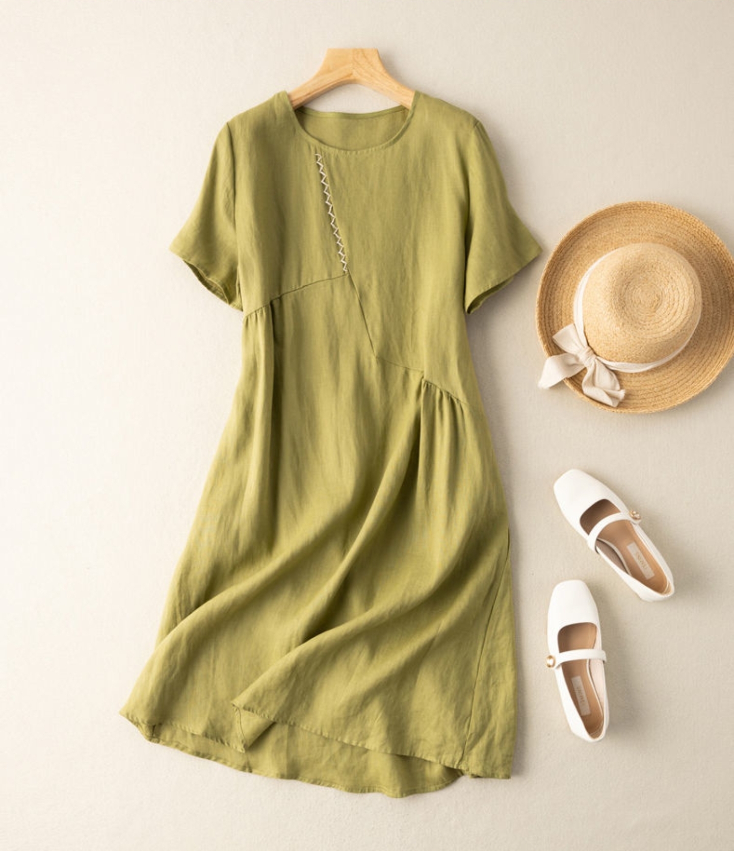 Đầm suông cổ tròn ngắn tay, chất đũi mềm mát, thích hợp mặc mùa hè, thời trang nữ AH60