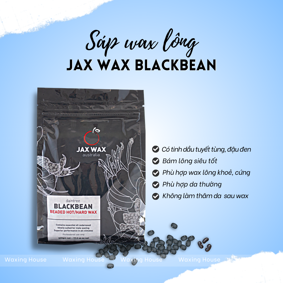Sáp wax lông nóng Jax Wax Australia Blackbean dạng hạt 500g
