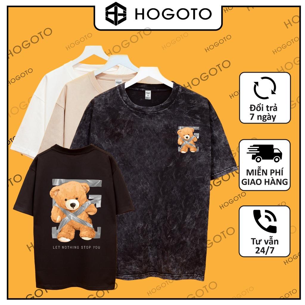 Áo thun tay lỡ GẤU DÁN Hogoto shop , Áo thun unisex nam nữ from rộng oversize chất liệu cotton