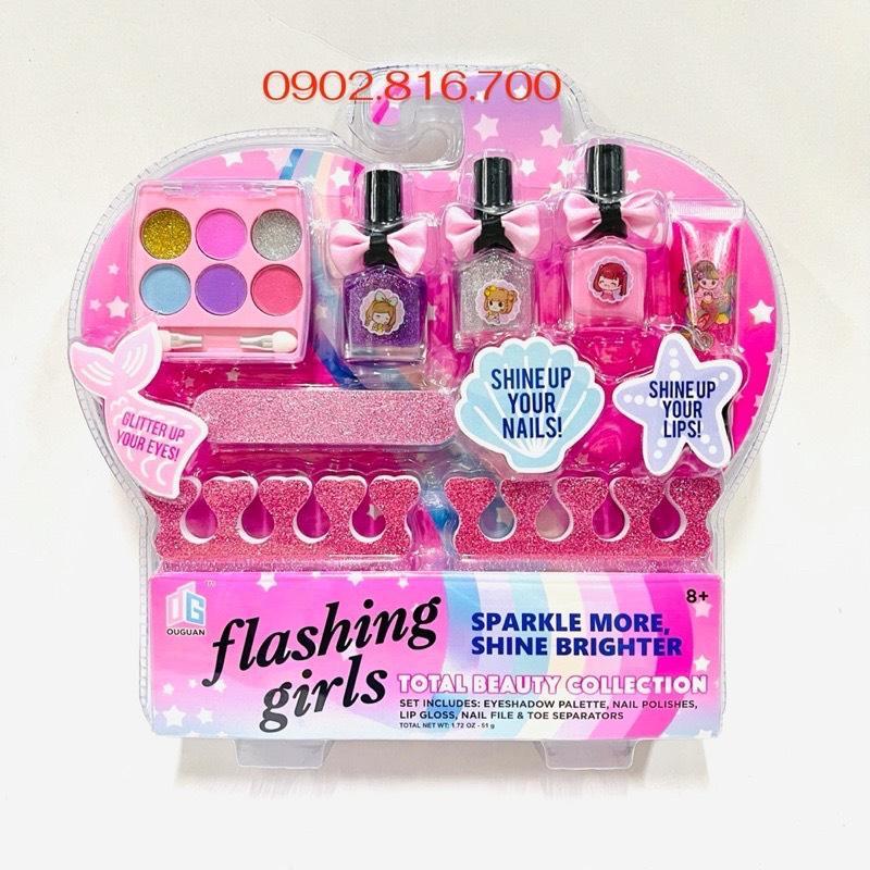 Bộ đồ chơi làm nail nghệ thuật sơn móng tay thật có máy hơ móng sử dụng pin màu hồng cho bé gái