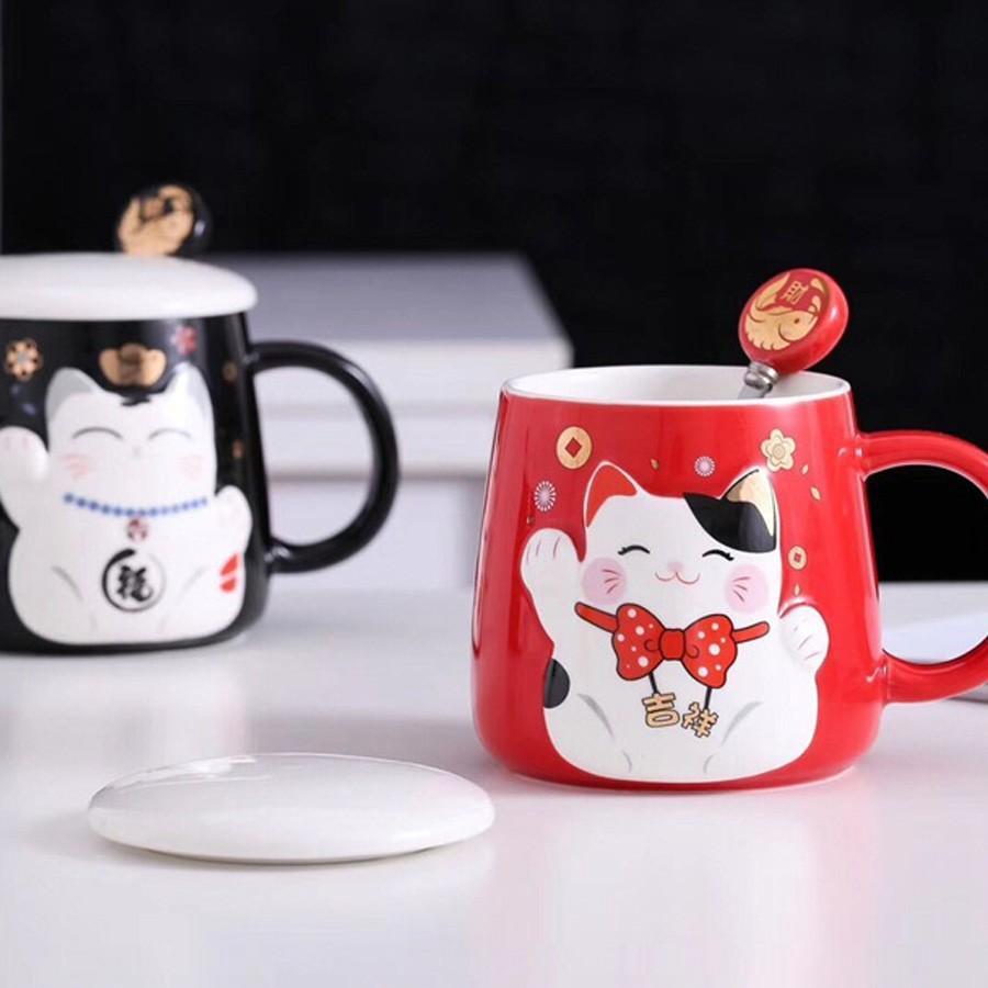 Cốc Sứ Uống Nước Mèo Thần Tài Chiêu May Mắn - Ly Uống Cafe Có Nắp , Văn Phòng, Quà Tặng Tân Gia