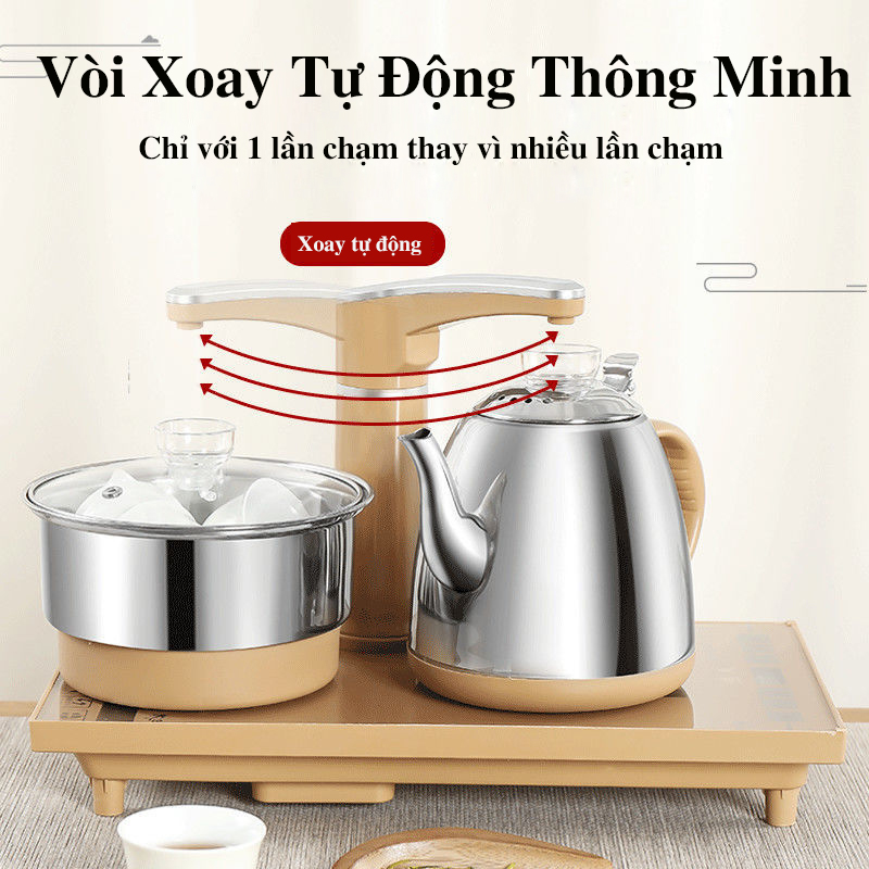 Bàn trà điện thông minh giá rẻ mẫu gỗ sồi sơn PU đen - Gồm đầy đủ bàn, bộ bếp pha trà, cùng ấm chén màu nâu đất.
