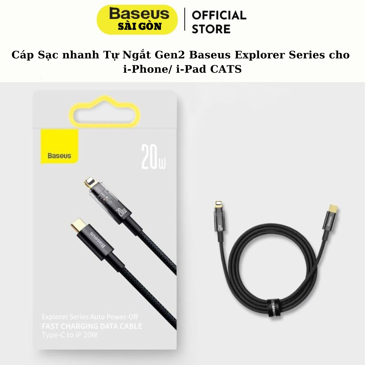 Cáp Sạc nhanh Tự Ngắt Gen2 Baseus Explorer Series cho i-Phone/ i-Pad (Type C to Light-ning Auto Power-Off, PD 20W Fast Charging Data Cable) CATS000001- Hàng chính hãng