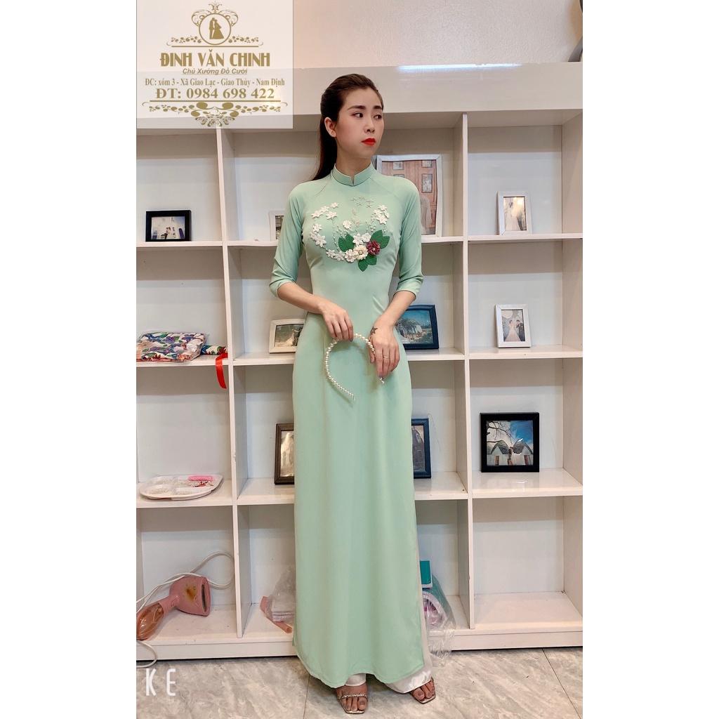 Áo dài truyền thống thiết kế hoa nổi đính ngược lụa mỹ cao cấp