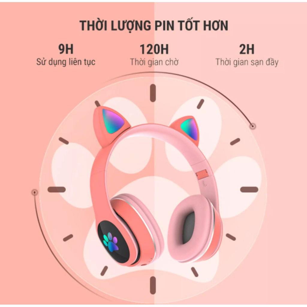 Tai nghe mèo bluetooth phát sáng STN28 - Tai nghe chụp tai mèo có mic kiểu dáng cute có khe cắm thẻ nhớ, Jack 3.5mm