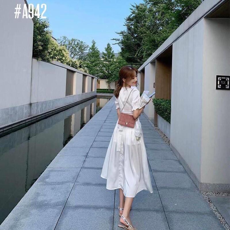 Đầm trắng nhún tay phồng xẻ tà có size