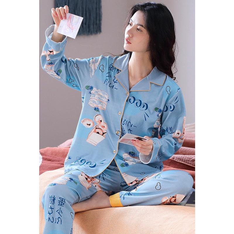 BỘ PYJAMA NỮ DÀI TAY COTTON MỀM MỊN, CAO CẤP, MÀU XANH MÁT DỊU, SIZE M-2XL