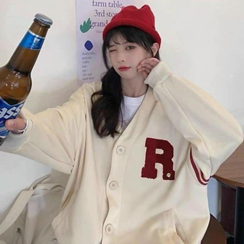 Áo cardigan phom rộng cổ chữ V unisex nam nữÁo khoác bomber thêu chữ,kiểu hàn quốc chất nỉ PE cao cấp