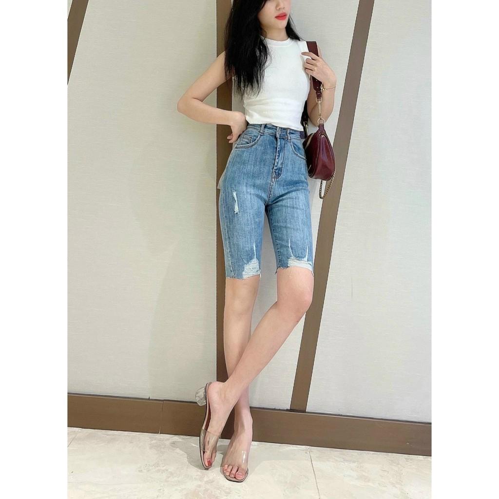 Quần bò ngố / lửng BIGSIZE lưng siêu cao, co dãn mạnh rách xước kiểu đẹp thời trang 90kg 3851