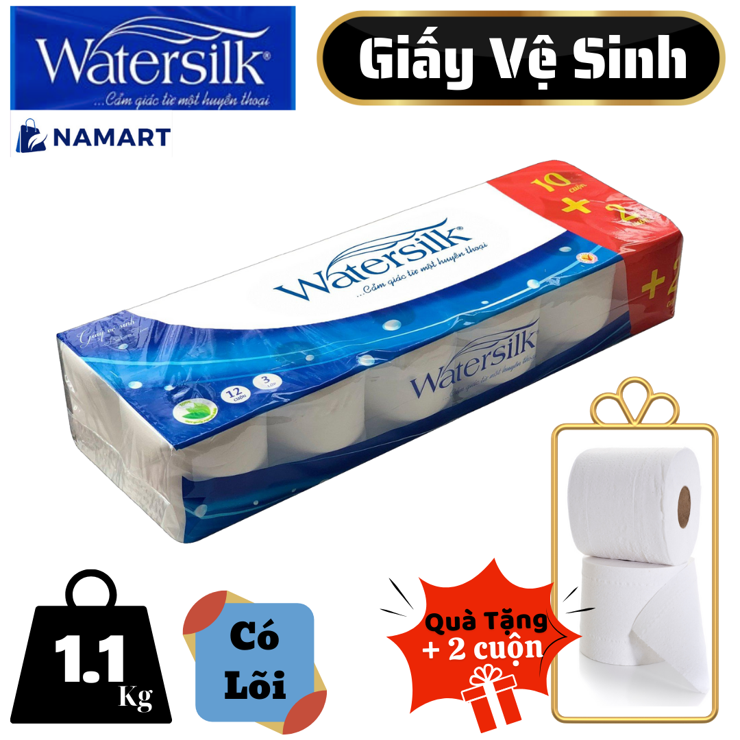 ( Tặng 2 cuộn) Giấy vệ sinh WATERSILK 19.5M Có Lõi 3 Lớp siêu dai mịn, 1.1Kg - 100% Bột giấy nguyên sinh - Hàng chính hãng.